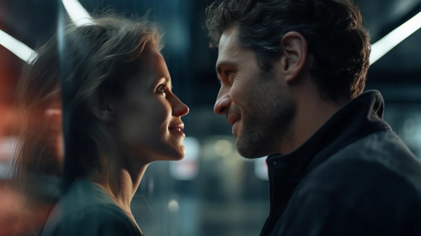 A man and a woman smiling as they face each other, close together